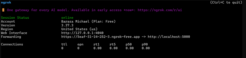 An active Ngrok tunnel forwarding HTTPS requests to localhost:5000. The terminal displays the public HTTPS URL that Safaricom can reach during local development, enabling real-time callback testing without deploying to a production server.