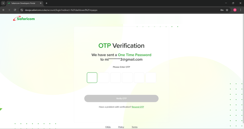 The one-time password (OTP) verification screen during Daraja login. Safaricom sends a verification code to the registered email address, adding a security layer before granting access to API credentials and the developer dashboard.