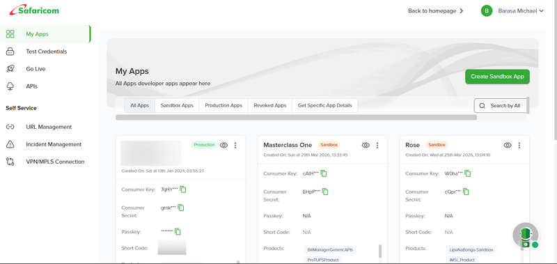 The main Daraja developer dashboard displaying both production and sandbox applications.