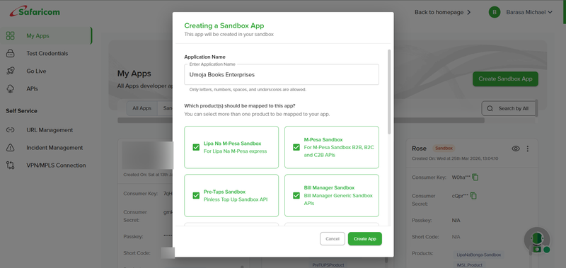 The Daraja app creation interface where developers select products to enable (Lipa na M-Pesa, M-Pesa Ratiba, B2C, etc.) and configure app settings. This step generates the Consumer Key and Consumer Secret credentials needed for API authentication.