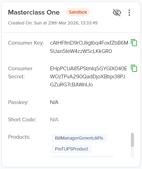 The Daraja developer portal showing a sandbox app's credentials panel. Displays the Consumer Key, Consumer Secret, and Passkey required for API authentication.