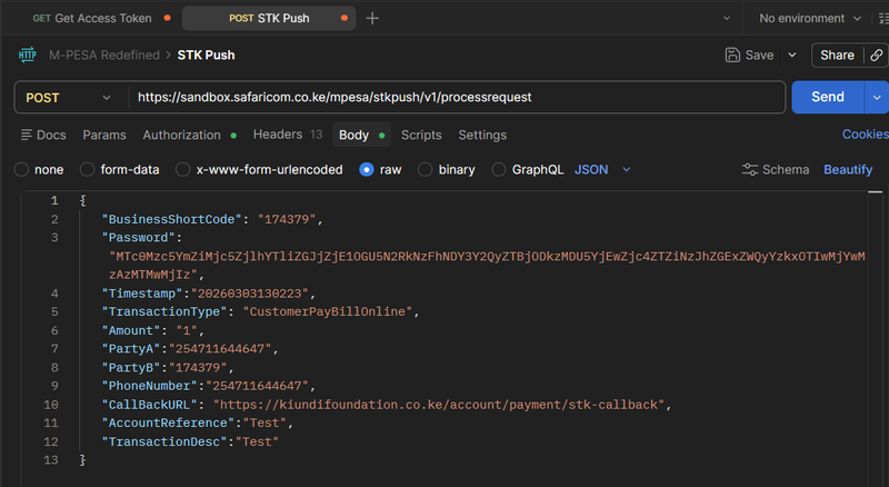 Postman configured for an STK Push request showing the complete payload: BusinessShortCode, Base64-encoded Password, Timestamp, TransactionType, Amount, PartyA/PartyB phone numbers, CallbackURL, and transaction reference fields.