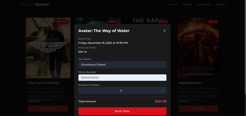 The user-facing movie booking system showing ticket selection for multiple films. Users enter their details and quantity, triggering the backend STK Push flow that creates the ticket record and initiates M-Pesa payment.