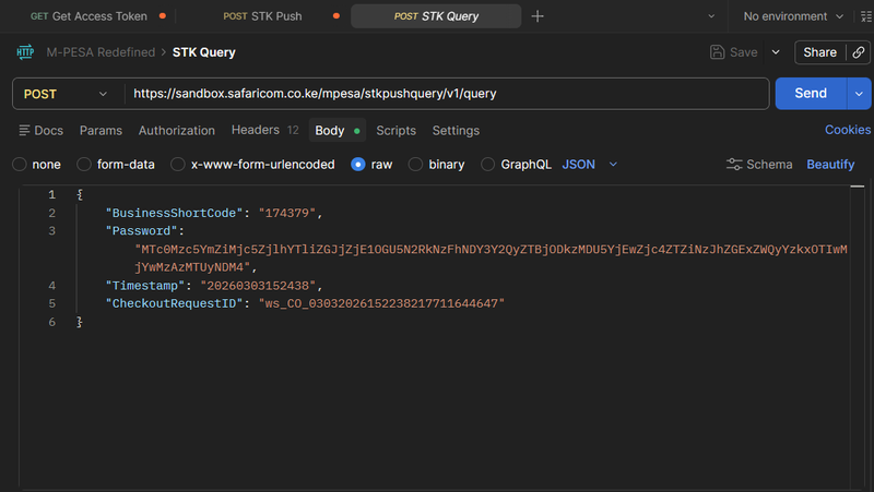 A Postman interface showing an STK Query API request to check transaction status. Notice the POST method, Bearer token authorization, and the JSON payload containing BusinessShortCode, Password, Timestamp, and CheckoutRequestID parameters.