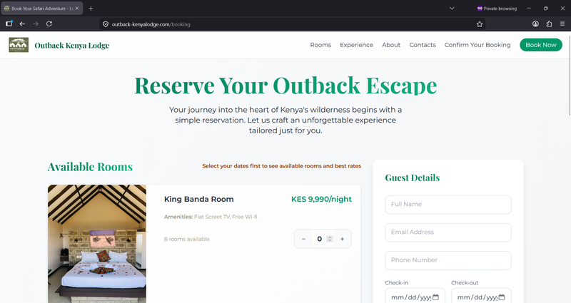 Outback Kenya Lodge room reservation page