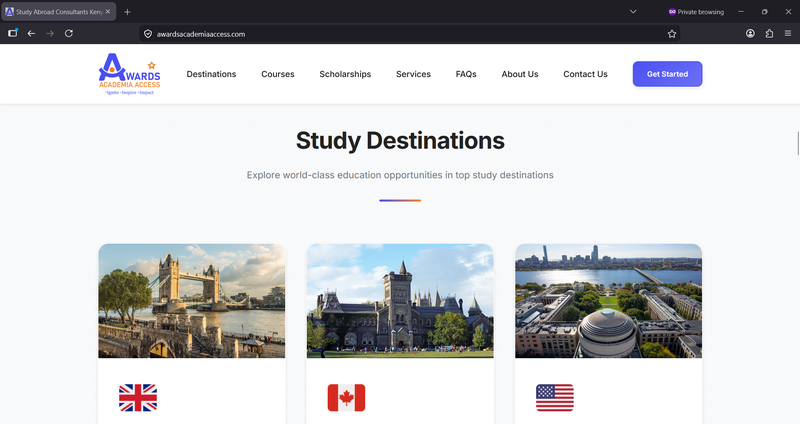 Top study destinations facilitated by Awards Academia Access